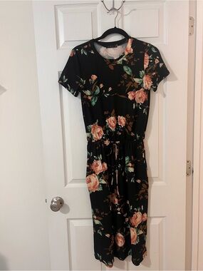 Black Floral Midi Dress with Peach Roses